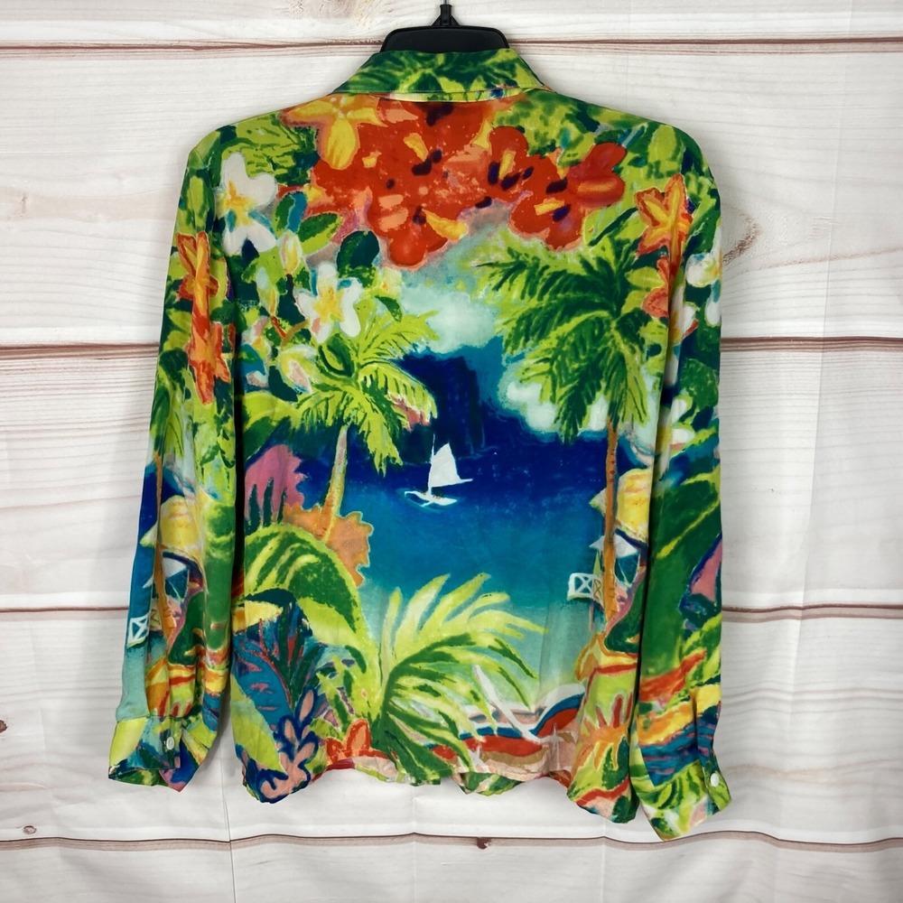 Michael Leu Top Women L Silk Tropical Print Shirt Long Sleeve Art to Wear Floral - Picture 6 of 7